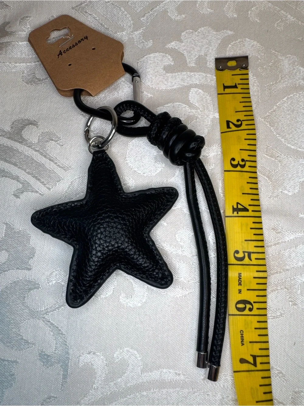 New Black Star Faux Leather Keychain Bag Charm - with shoelace